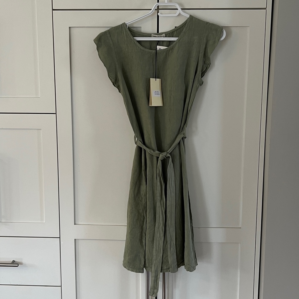 Terzo Millennio 100% Linen Olive Midi Dress with Pockets  XS